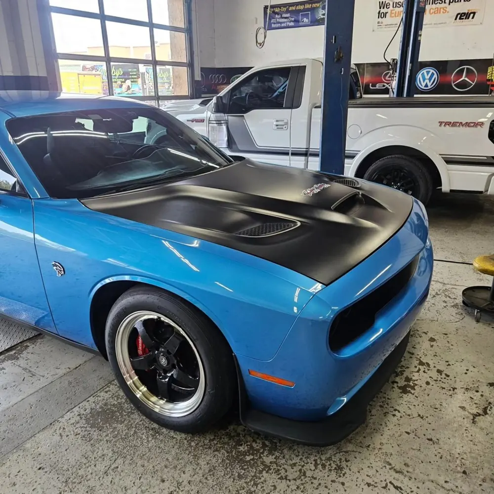 Blue Dodge Challenger with glossy paint