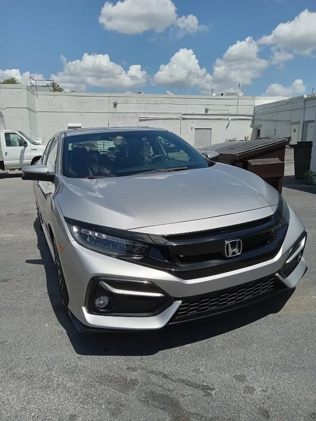Silver Honda Civic hatchback, front view